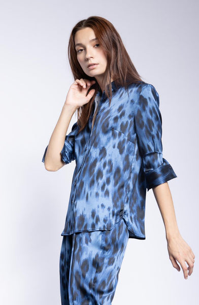 Long Sleeve Blouse + Blue Kitty Stretch Silk