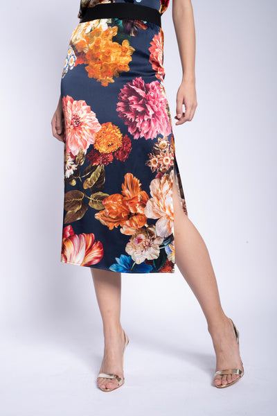 Midi Skirt + Navy Bouquet Stretch Silk