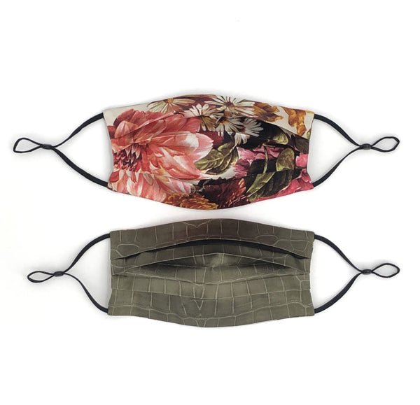 Reversible Printed Silk Face Mask + Ivory Bouquet | Army Croc