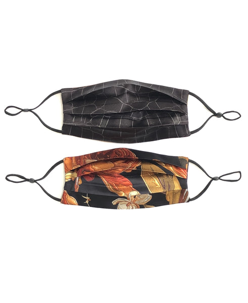 Reversible Printed Silk Face Mask + Embroidered Rose | Black Croc