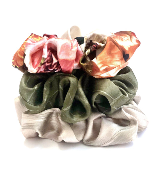 Printed Silk Hair Scrunchies + Set of 3 Ivory Bouquet