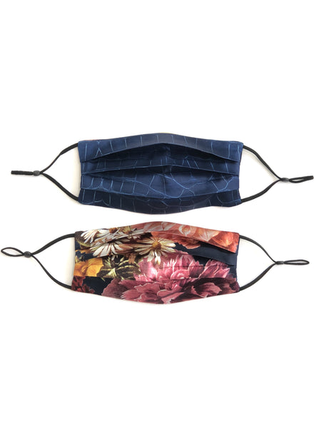Reversible Printed Silk Face Mask + Navy Bouquet | Navy Croc